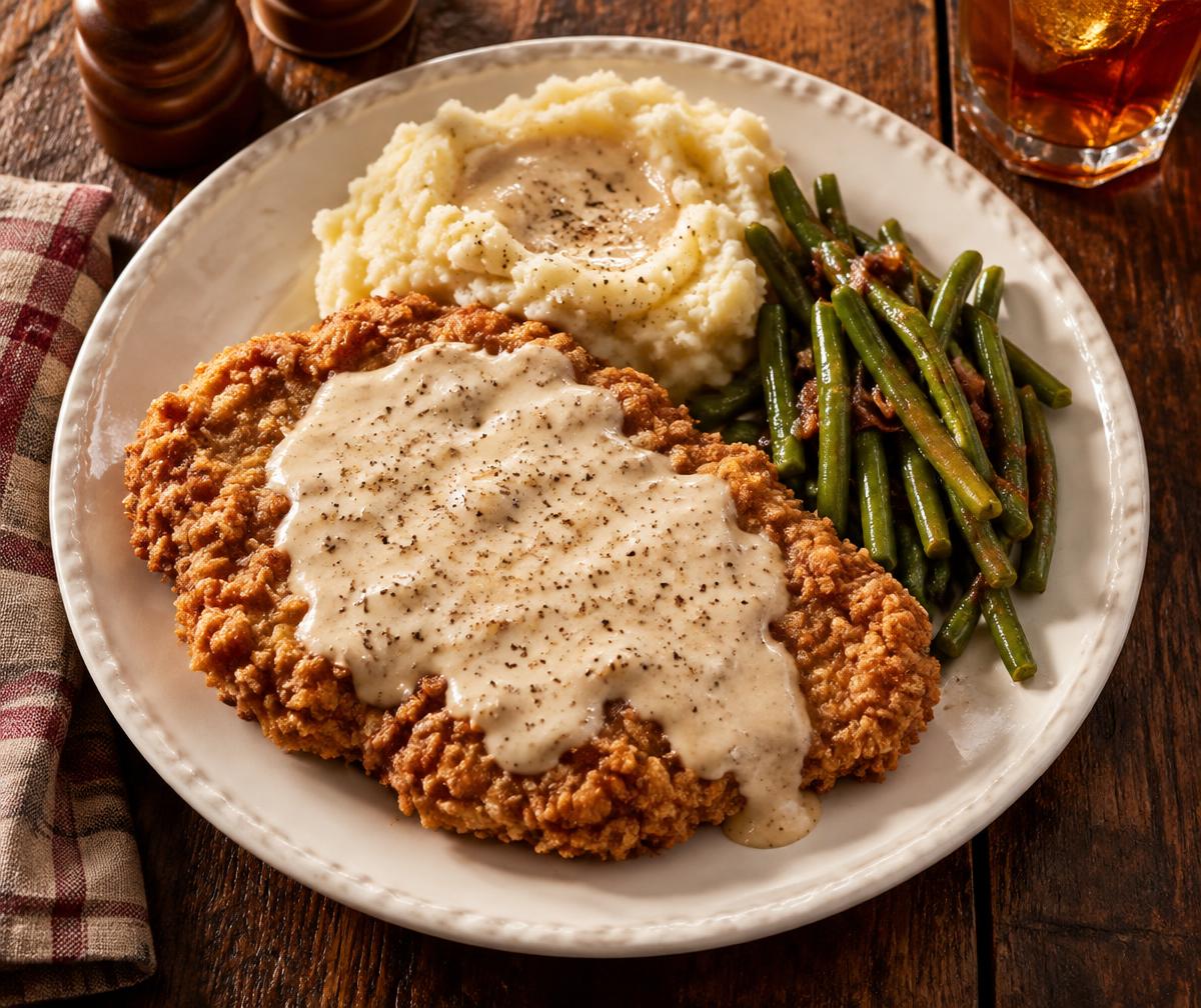 A golden chicken fried steak with gravy and traditional sides