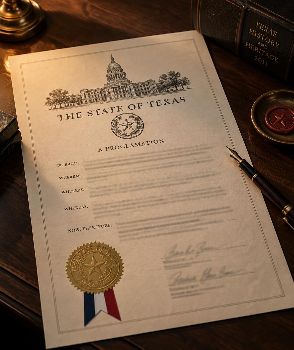 Texas proclamation displayed on a heritage desk